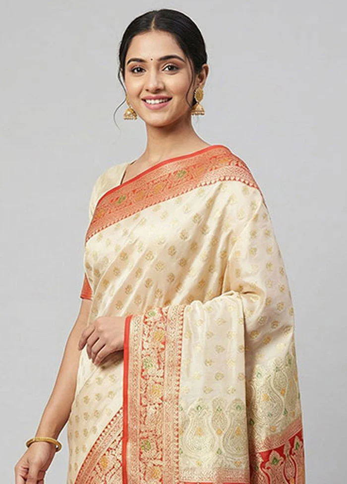 Cream Banarasi Silk Saree With Blouse Piece - Image 2
