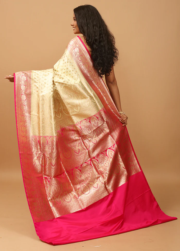 Cream Banarasi Silk Saree With Blouse Piece - Image 3