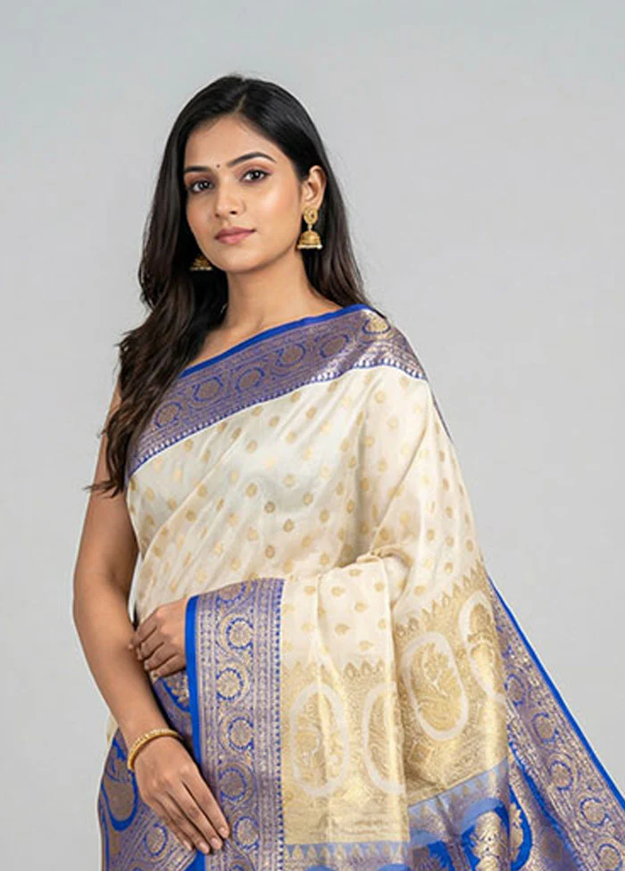 Cream Banarasi Silk Saree With Blouse Piece - Image 2