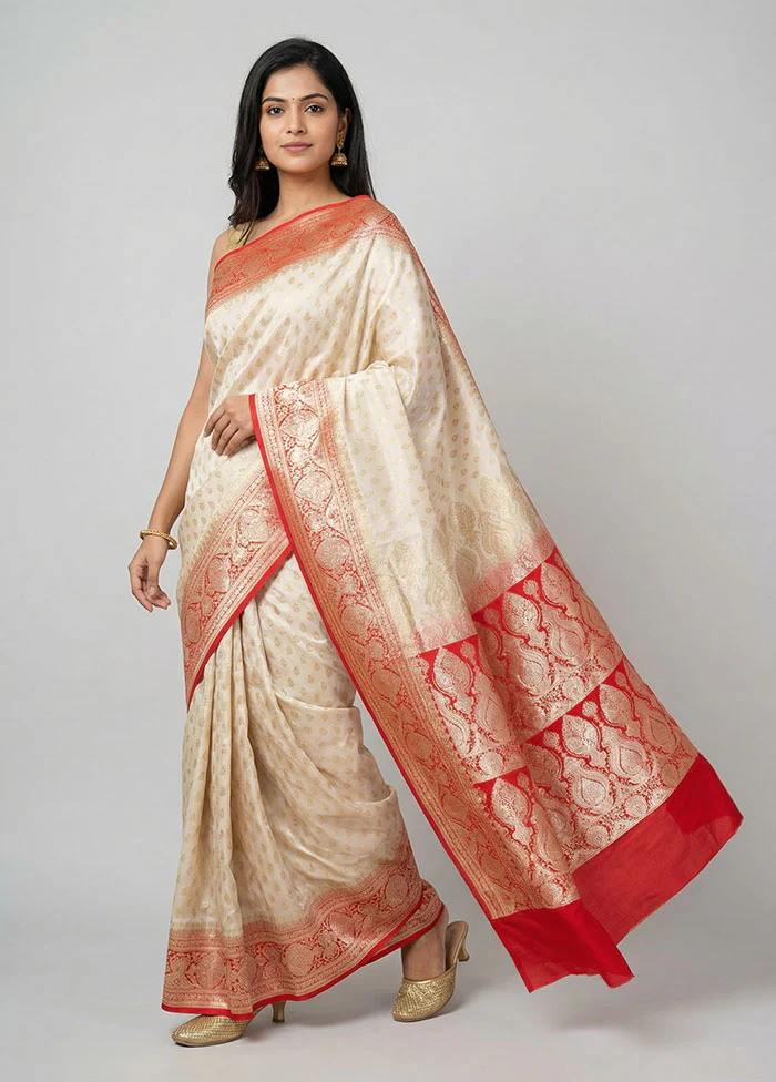 Cream Banarasi Silk Saree With Blouse Piece