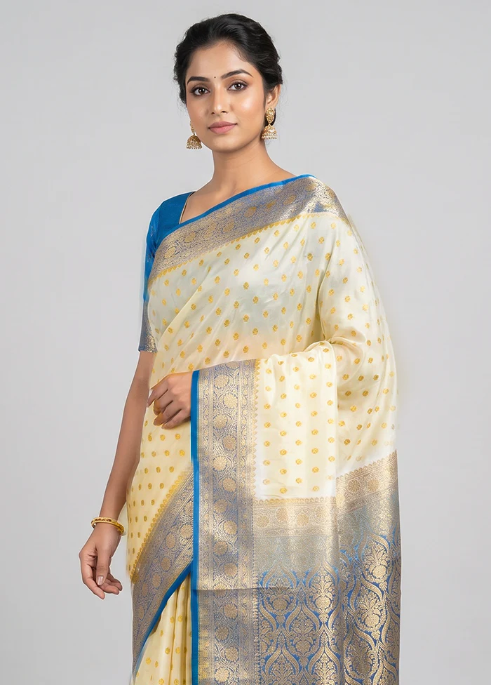 Cream Banarasi Silk Saree With Blouse Piece - Image 2