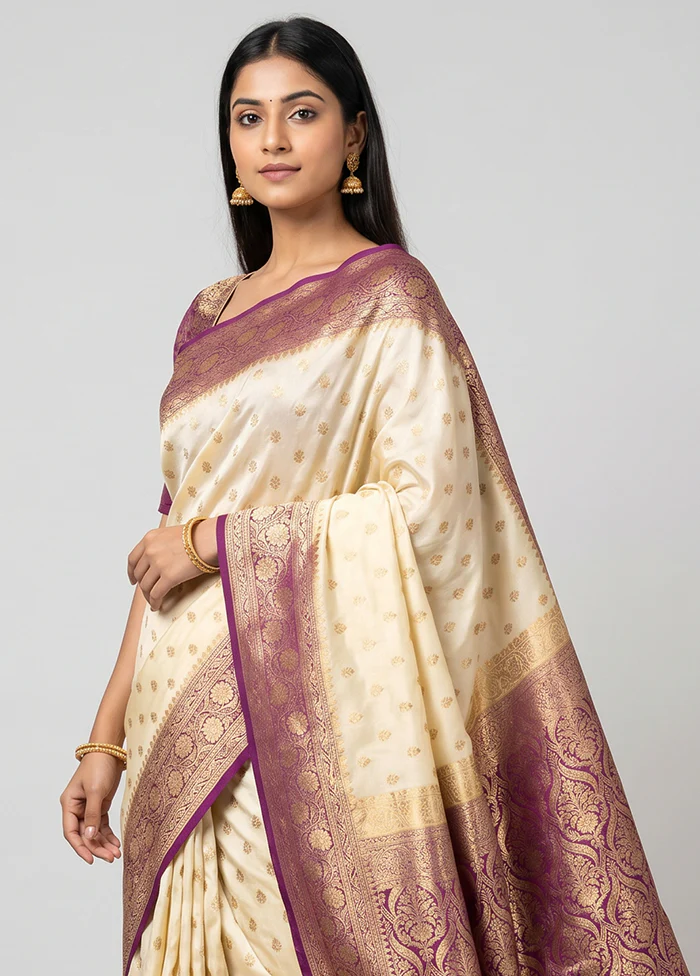 Cream Banarasi Silk Saree With Blouse Piece - Image 2