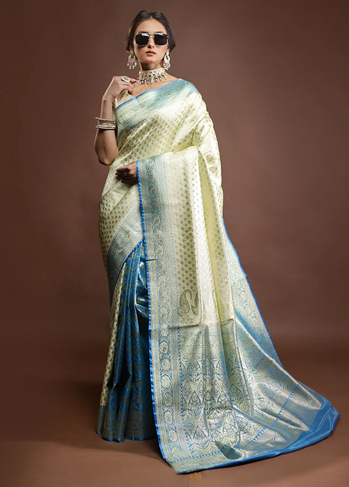 Cream Banarasi Silk Saree With Blouse Piece - Image 2