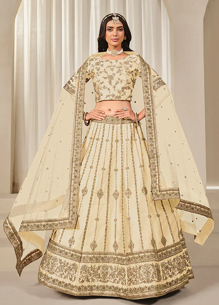 Cream Blended Silk Dupatta Lehenga Set