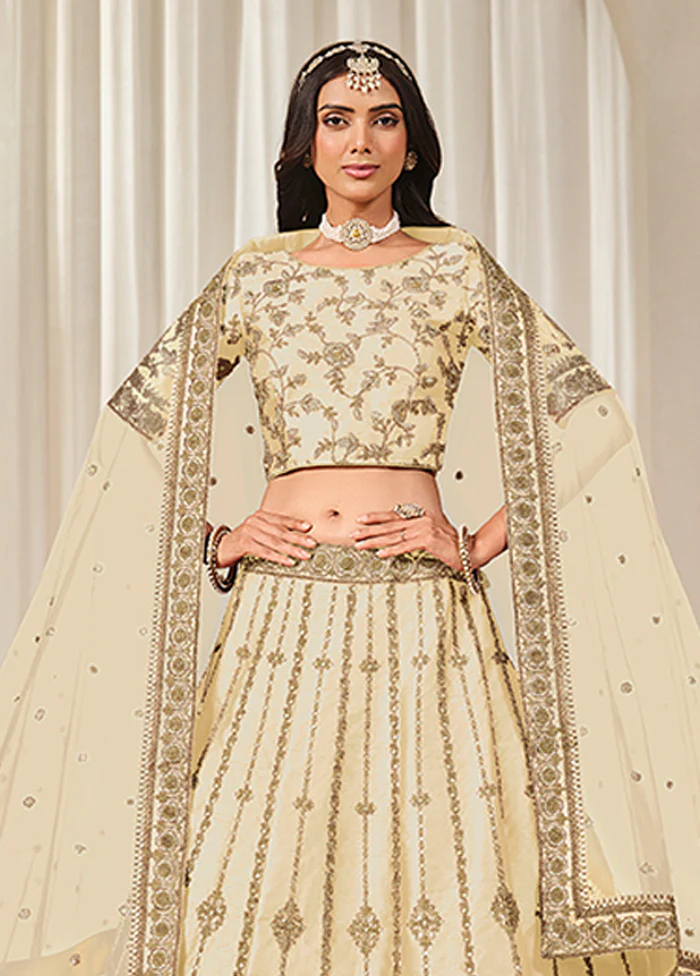 Cream Blended Silk Dupatta Lehenga Set - Image 2