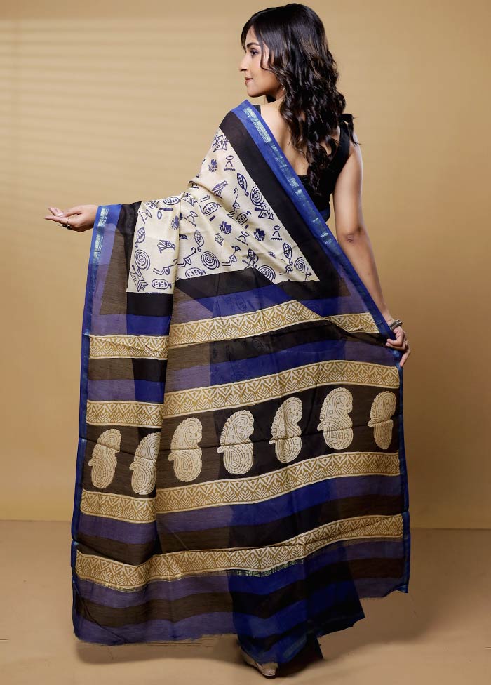 Cream Chanderi Cotton Saree With Blouse Piece - Image 3