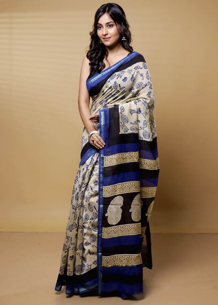 Cream Chanderi Cotton Saree With Blouse Piece - Image 4