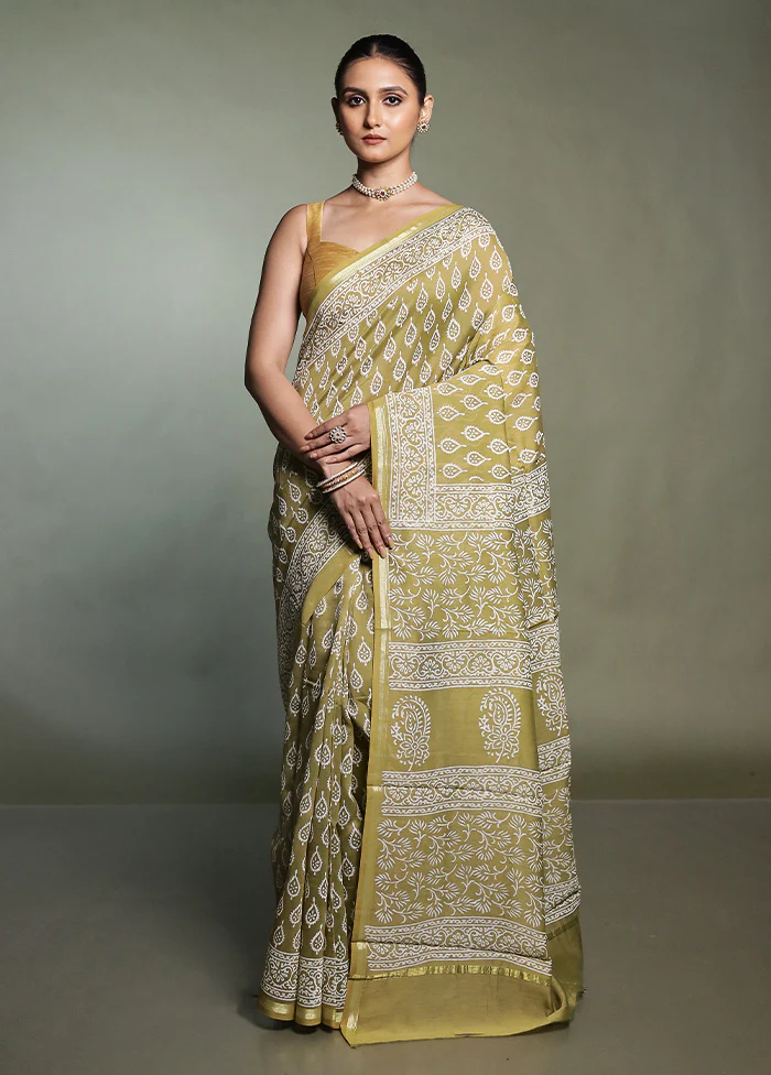 Cream Chanderi Cotton Saree With Blouse Piece - Image 2