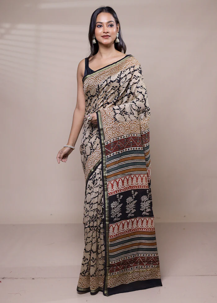 Cream Chanderi Cotton Saree With Blouse Piece - Image 2