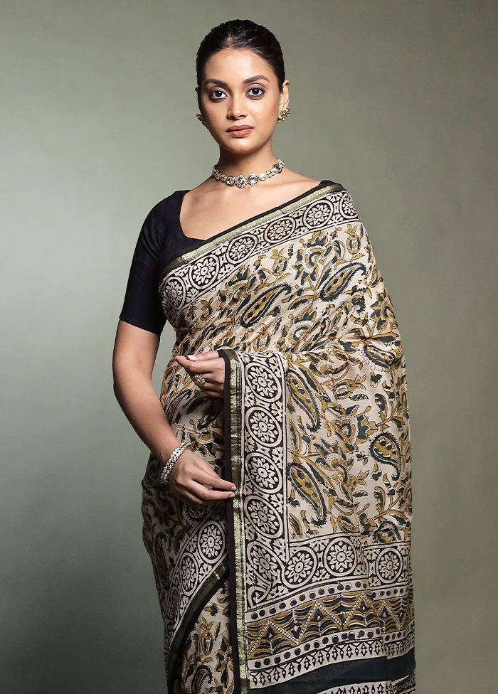 Cream Chanderi Cotton Saree With Blouse Piece