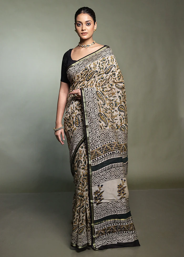 Cream Chanderi Cotton Saree With Blouse Piece - Image 2