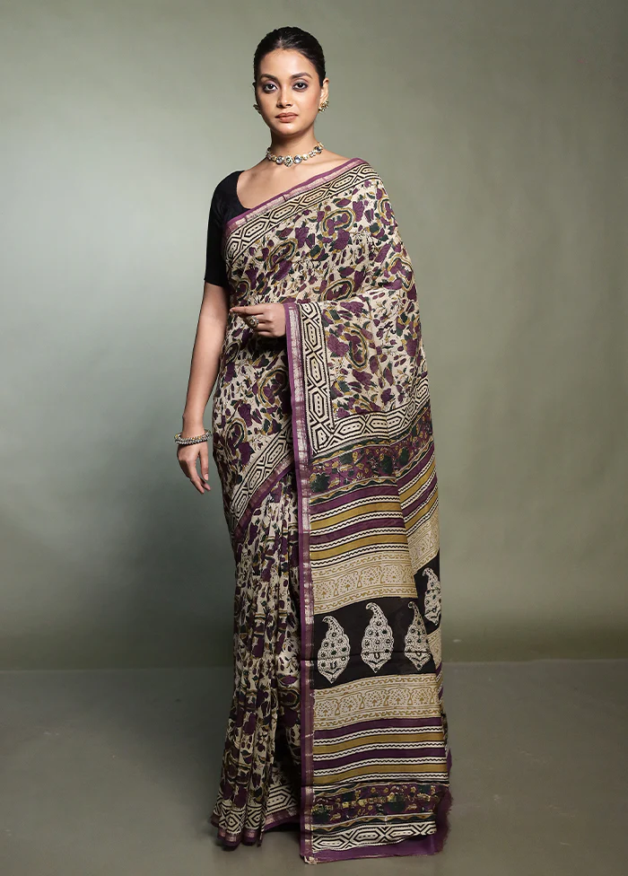 Cream Chanderi Cotton Saree With Blouse Piece - Image 2