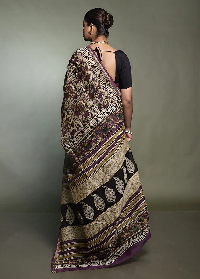 Cream Chanderi Cotton Saree With Blouse Piece - Image 3