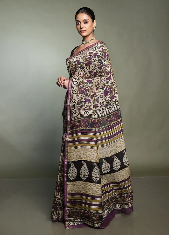 Cream Chanderi Cotton Saree With Blouse Piece - Image 4