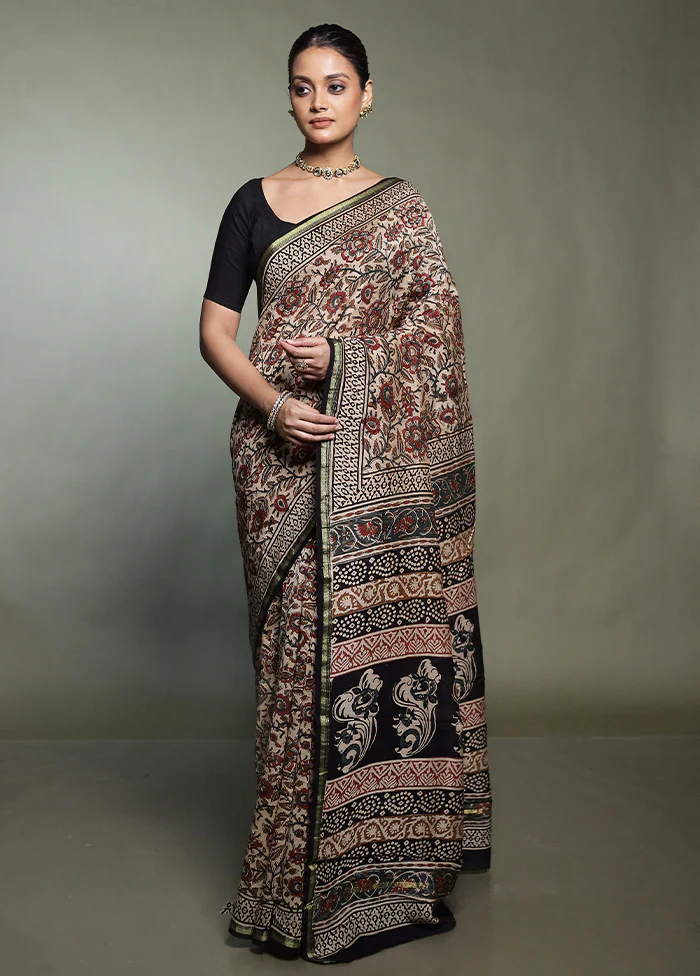 Cream Chanderi Cotton Saree With Blouse Piece - Image 2