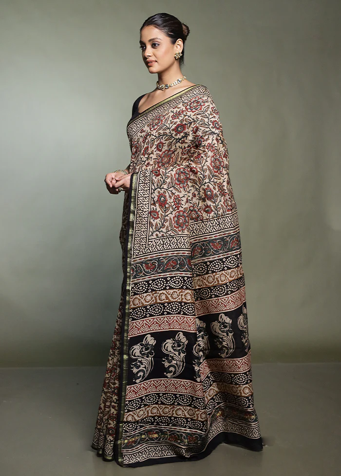 Cream Chanderi Cotton Saree With Blouse Piece - Image 4
