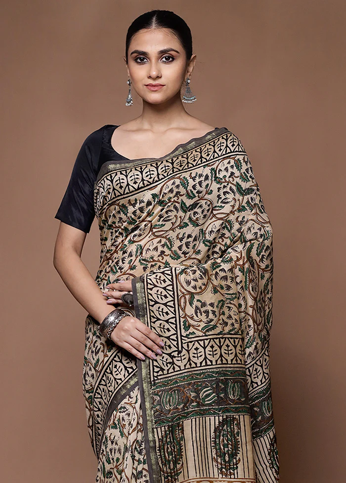 Cream Chanderi Cotton Saree With Blouse Piece - Image 2