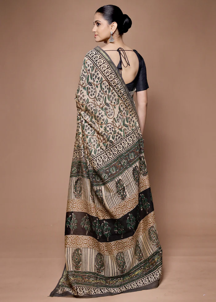 Cream Chanderi Cotton Saree With Blouse Piece - Image 3