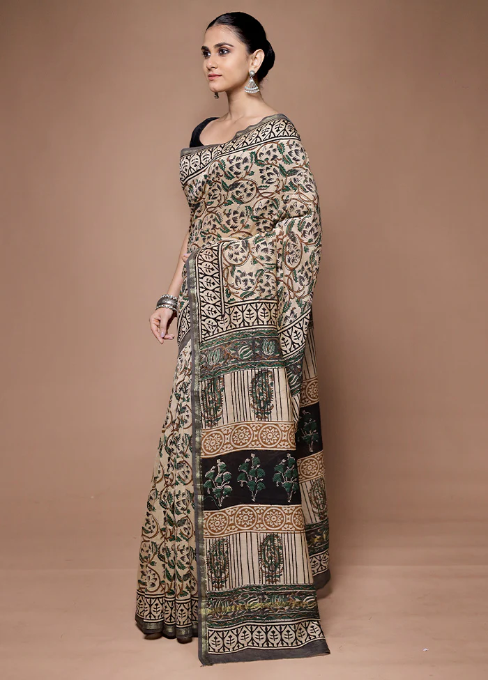 Cream Chanderi Cotton Saree With Blouse Piece - Image 4