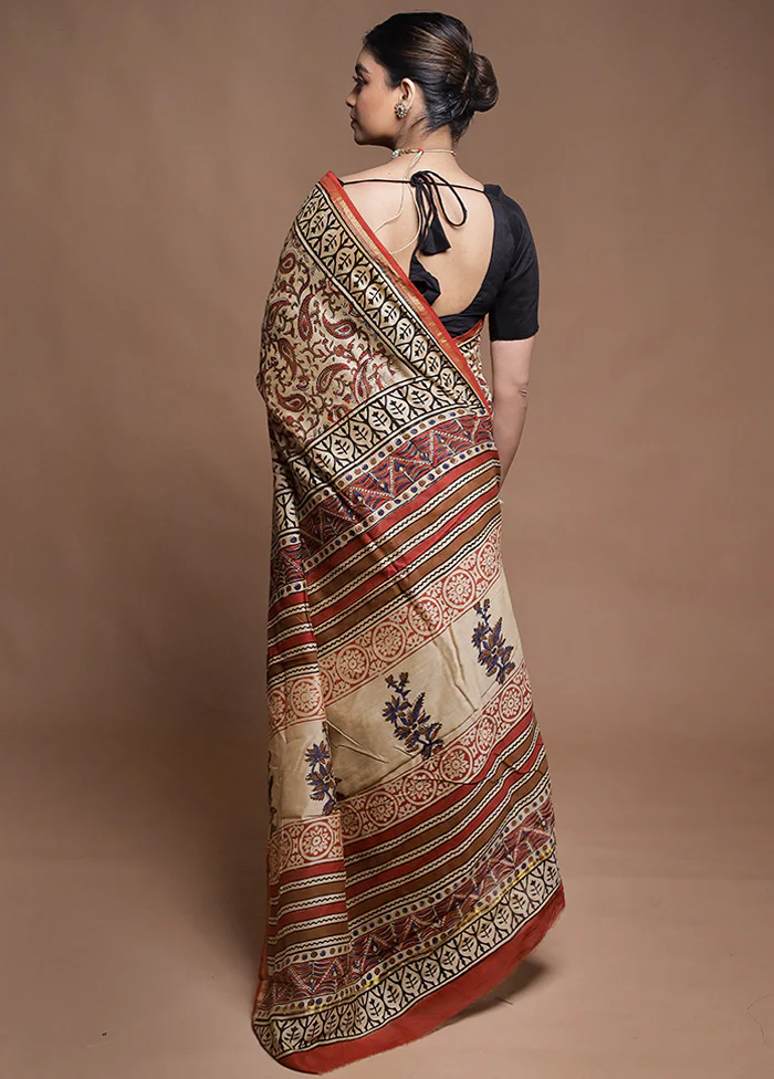 Cream Chanderi Cotton Saree With Blouse Piece - Image 3