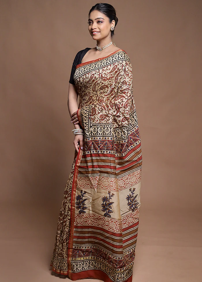 Cream Chanderi Cotton Saree With Blouse Piece - Image 4