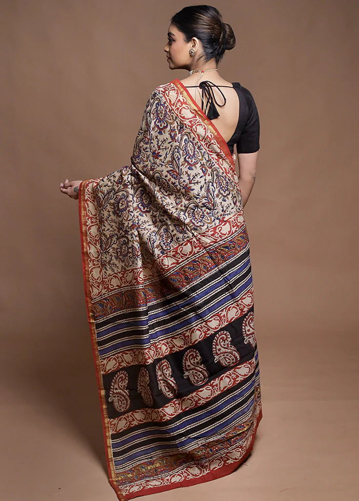 Cream Chanderi Cotton Saree With Blouse Piece - Image 3