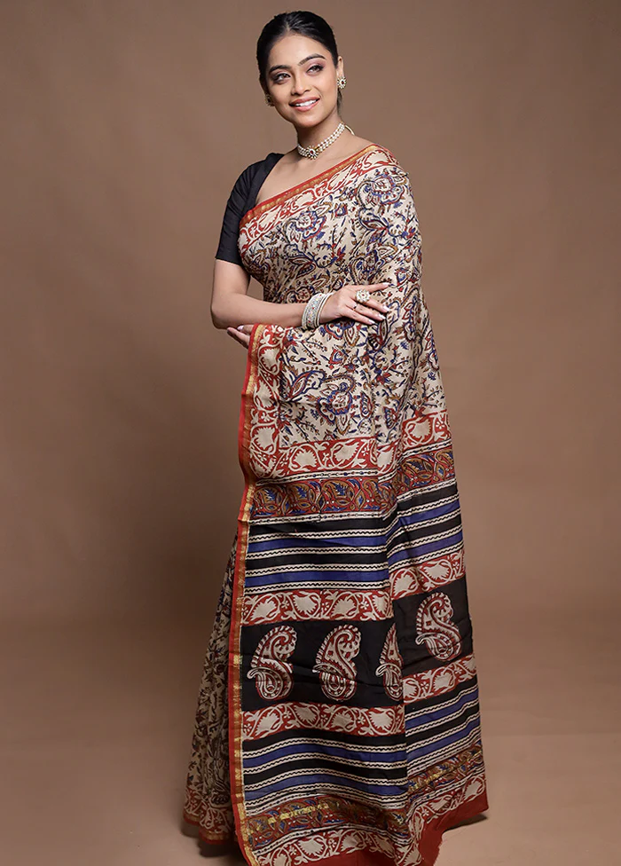 Cream Chanderi Cotton Saree With Blouse Piece - Image 4
