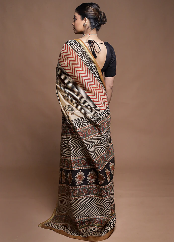 Cream Chanderi Cotton Saree With Blouse Piece - Image 3