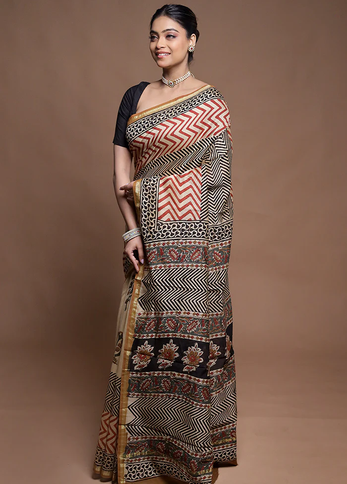 Cream Chanderi Cotton Saree With Blouse Piece - Image 4