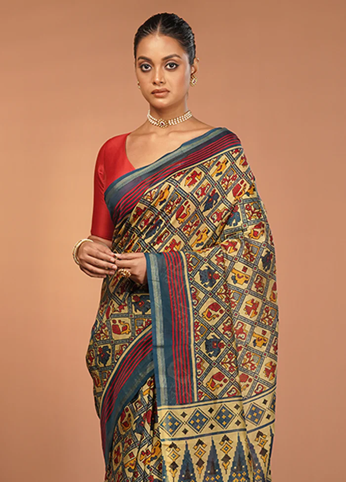 Cream Chanderi Cotton Saree With Blouse Piece