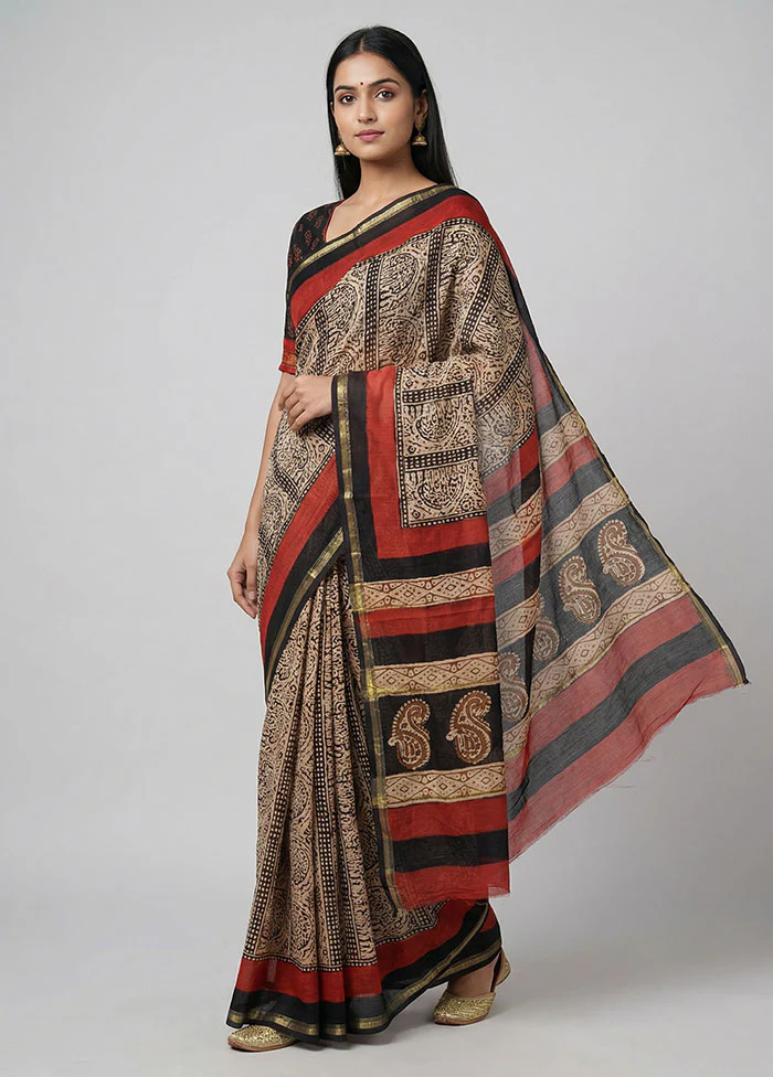 Cream Chanderi Silk Saree With Blouse Piece