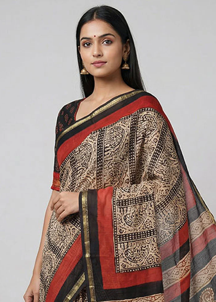 Cream Chanderi Silk Saree With Blouse Piece - Image 2