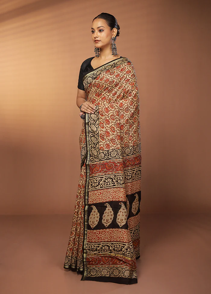 Cream Chanderi Silk Saree With Blouse Piece - Image 4