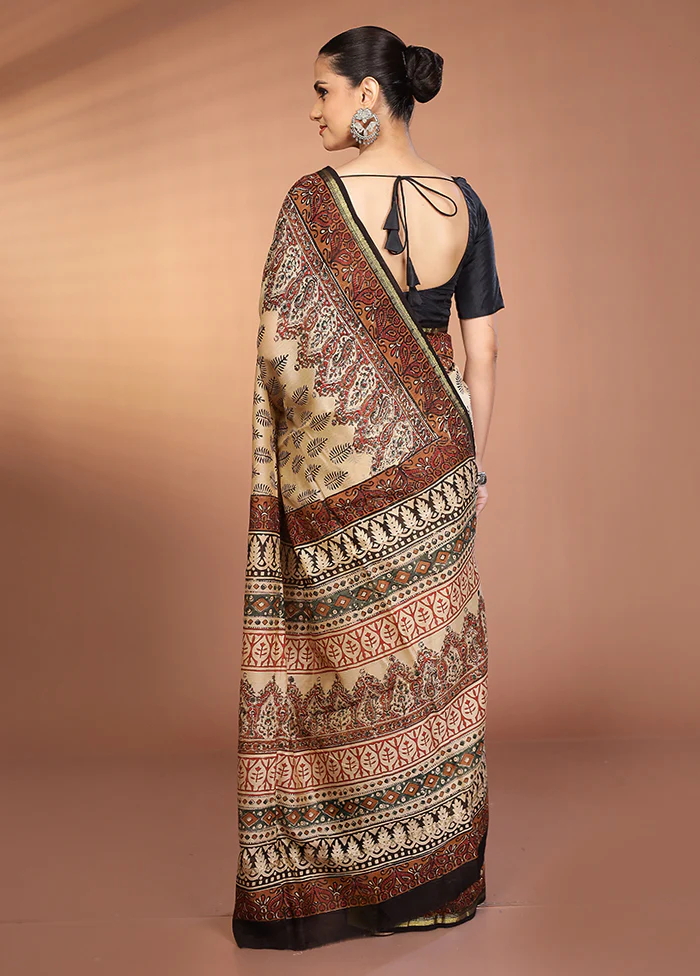 Cream Chanderi Silk Saree With Blouse Piece - Image 3