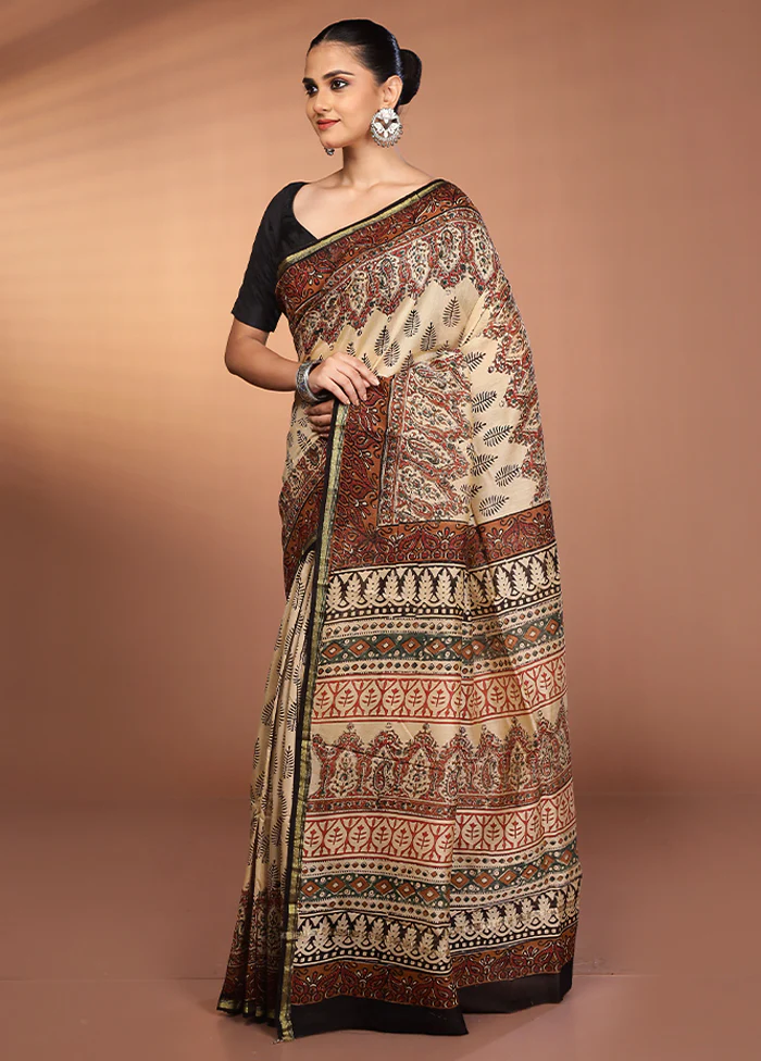 Cream Chanderi Silk Saree With Blouse Piece - Image 4