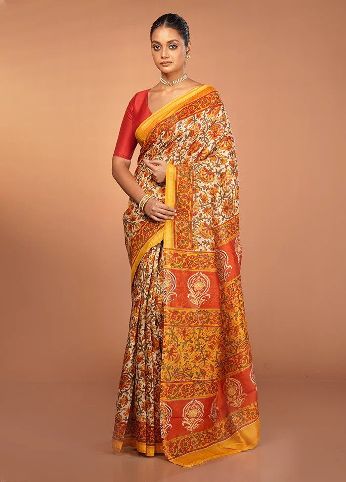 Cream Chanderi Silk Saree With Blouse Piece - Image 2