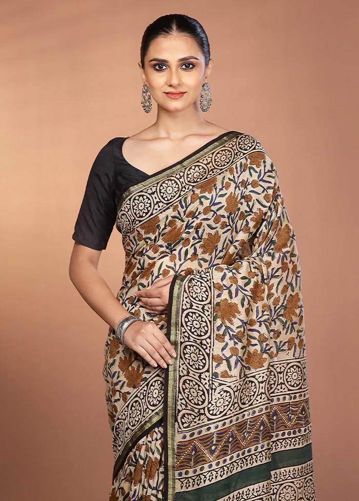Cream Chanderi Silk Saree With Blouse Piece