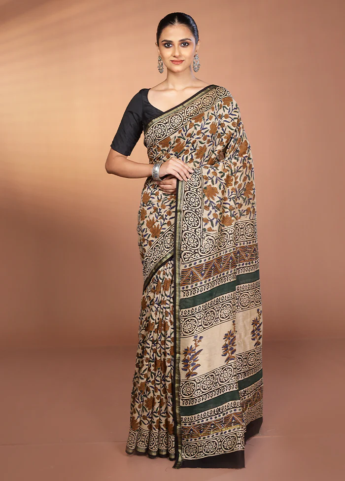 Cream Chanderi Silk Saree With Blouse Piece - Image 2