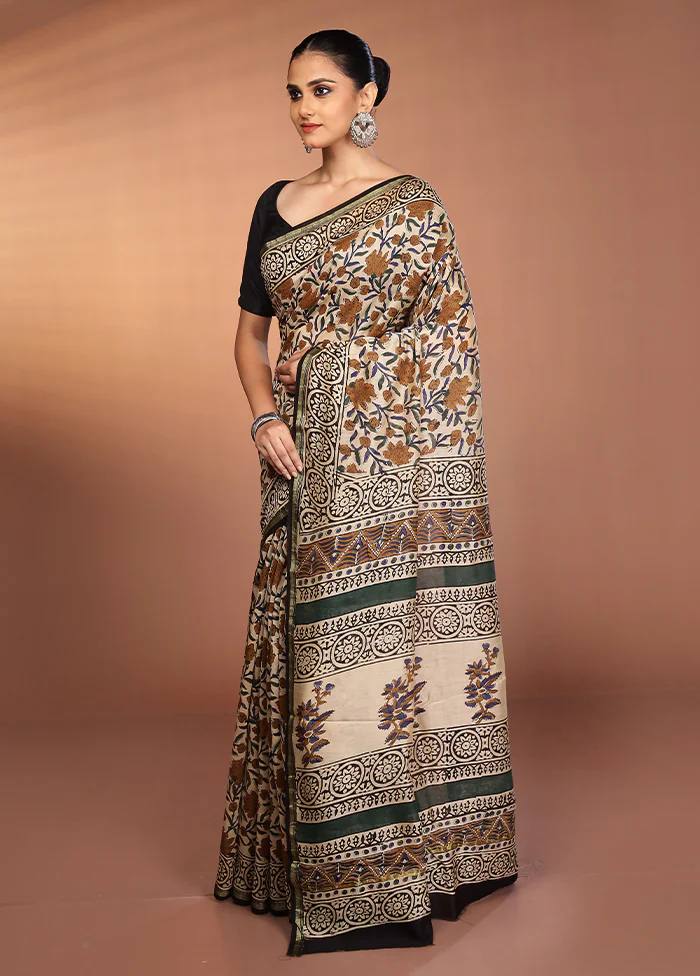 Cream Chanderi Silk Saree With Blouse Piece - Image 4