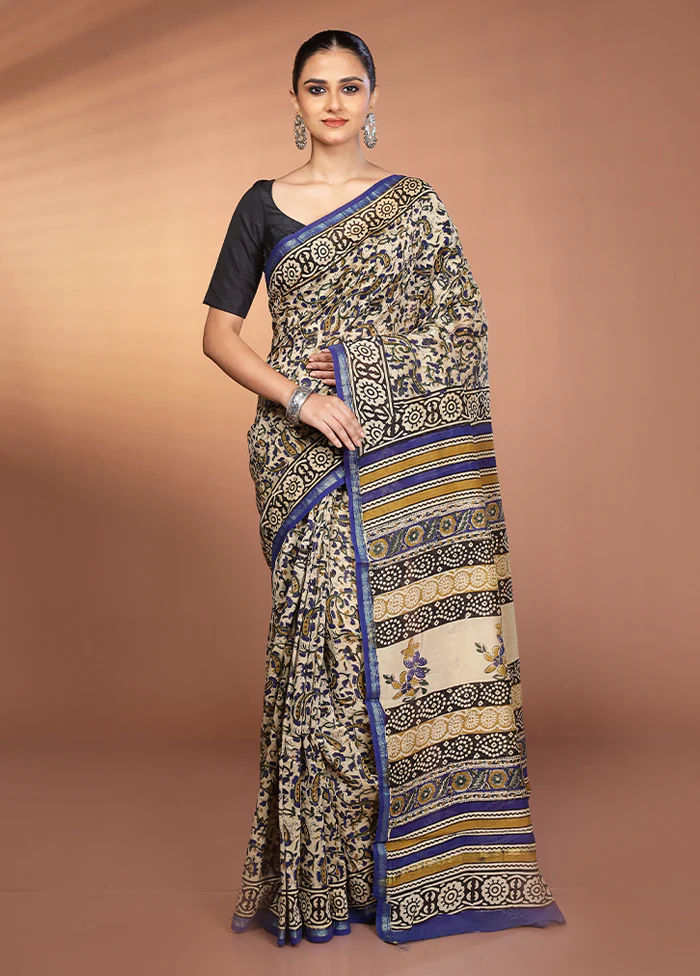 Cream Chanderi Silk Saree With Blouse Piece - Image 2