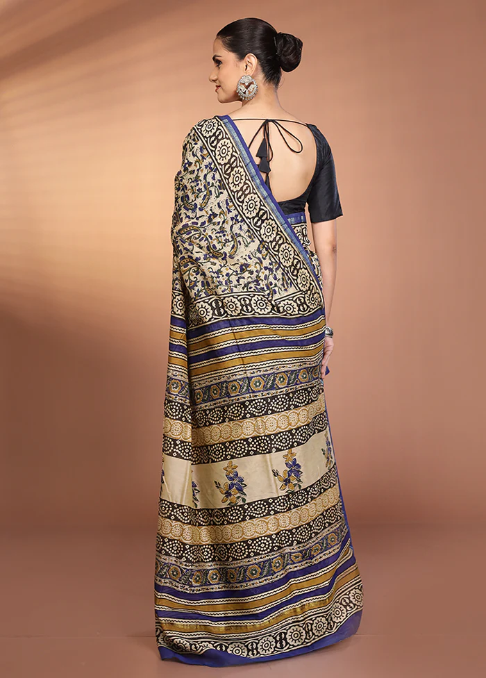 Cream Chanderi Silk Saree With Blouse Piece - Image 3