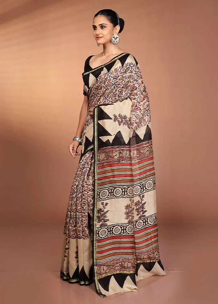 Cream Chanderi Silk Saree With Blouse Piece - Image 4