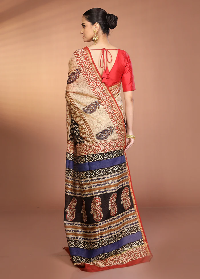 Cream Chanderi Silk Saree With Blouse Piece - Image 3
