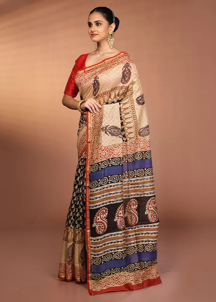 Cream Chanderi Silk Saree With Blouse Piece - Image 4