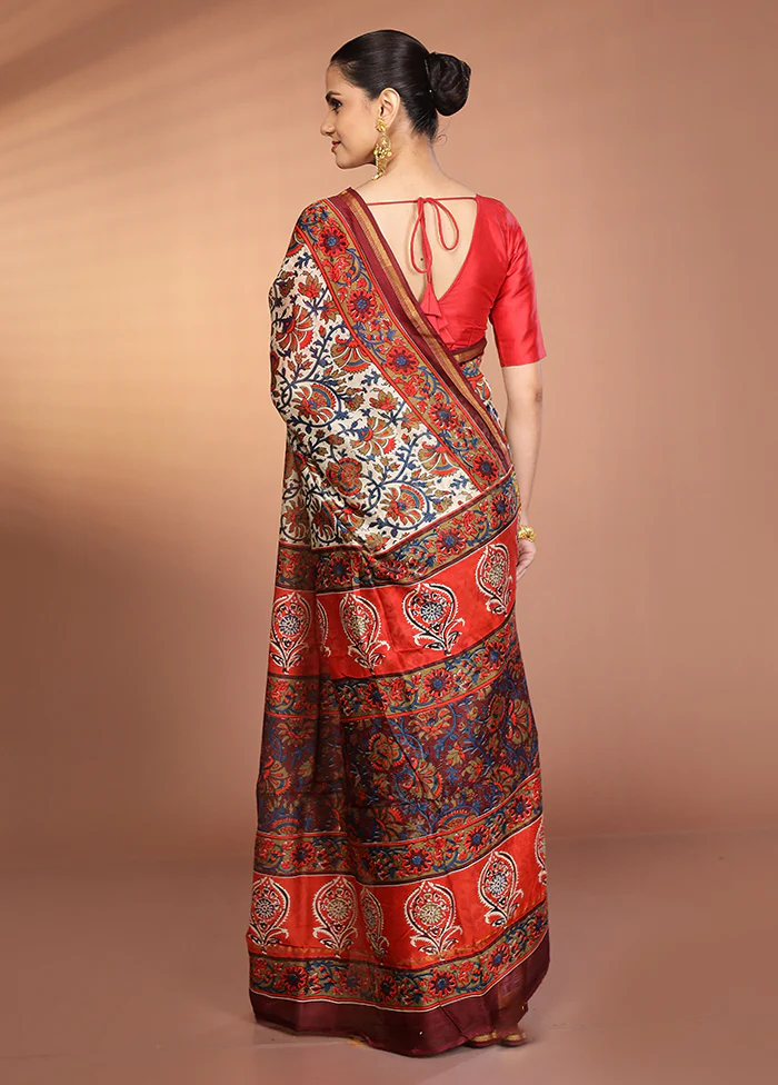 Cream Chanderi Silk Saree With Blouse Piece - Image 3