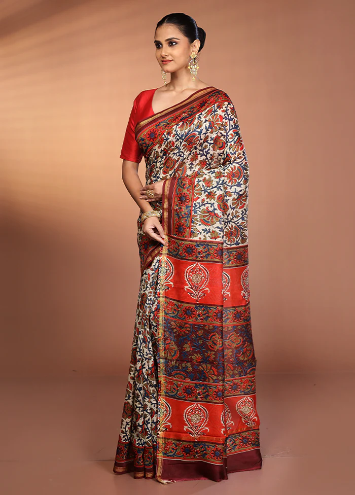 Cream Chanderi Silk Saree With Blouse Piece - Image 4