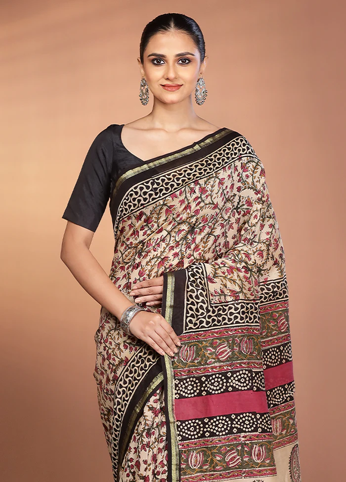 Cream Chanderi Silk Saree With Blouse Piece