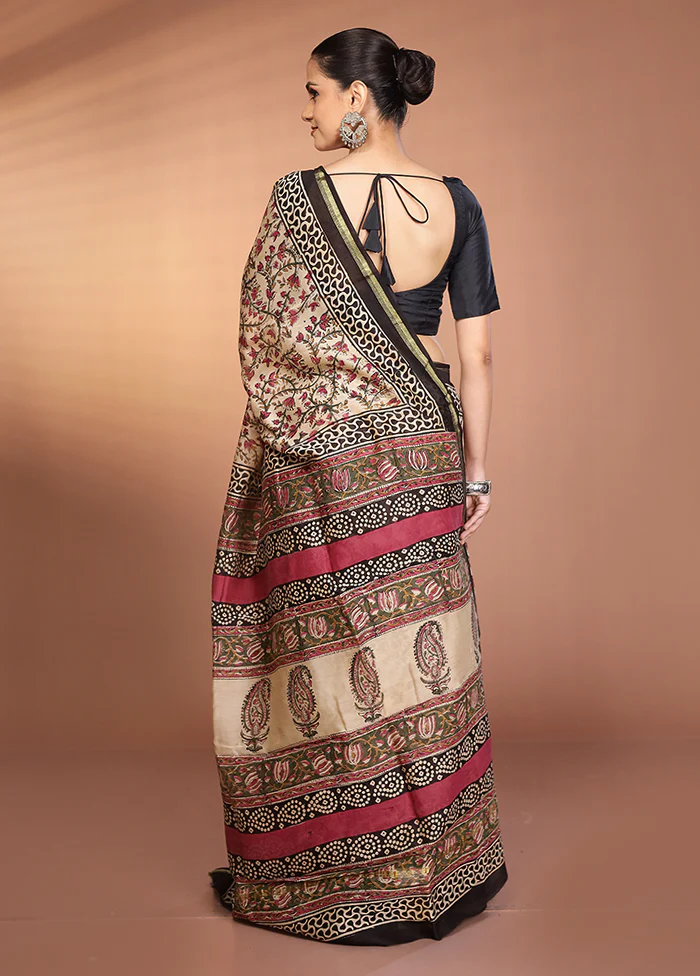 Cream Chanderi Silk Saree With Blouse Piece - Image 3