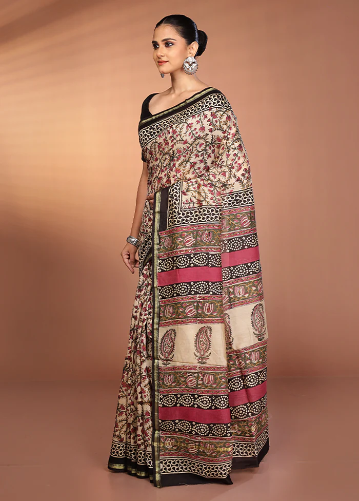 Cream Chanderi Silk Saree With Blouse Piece - Image 4
