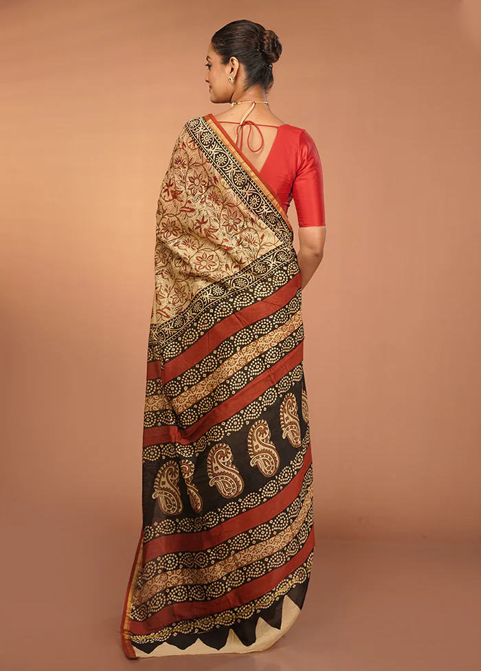 Cream Chanderi Silk Saree With Blouse Piece - Image 3